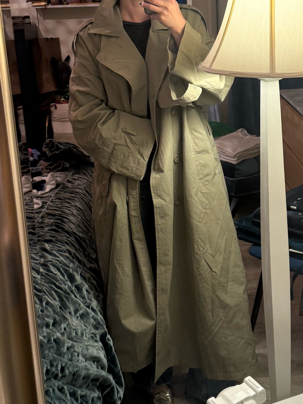 Long Women's Trench Coat in Olive Green